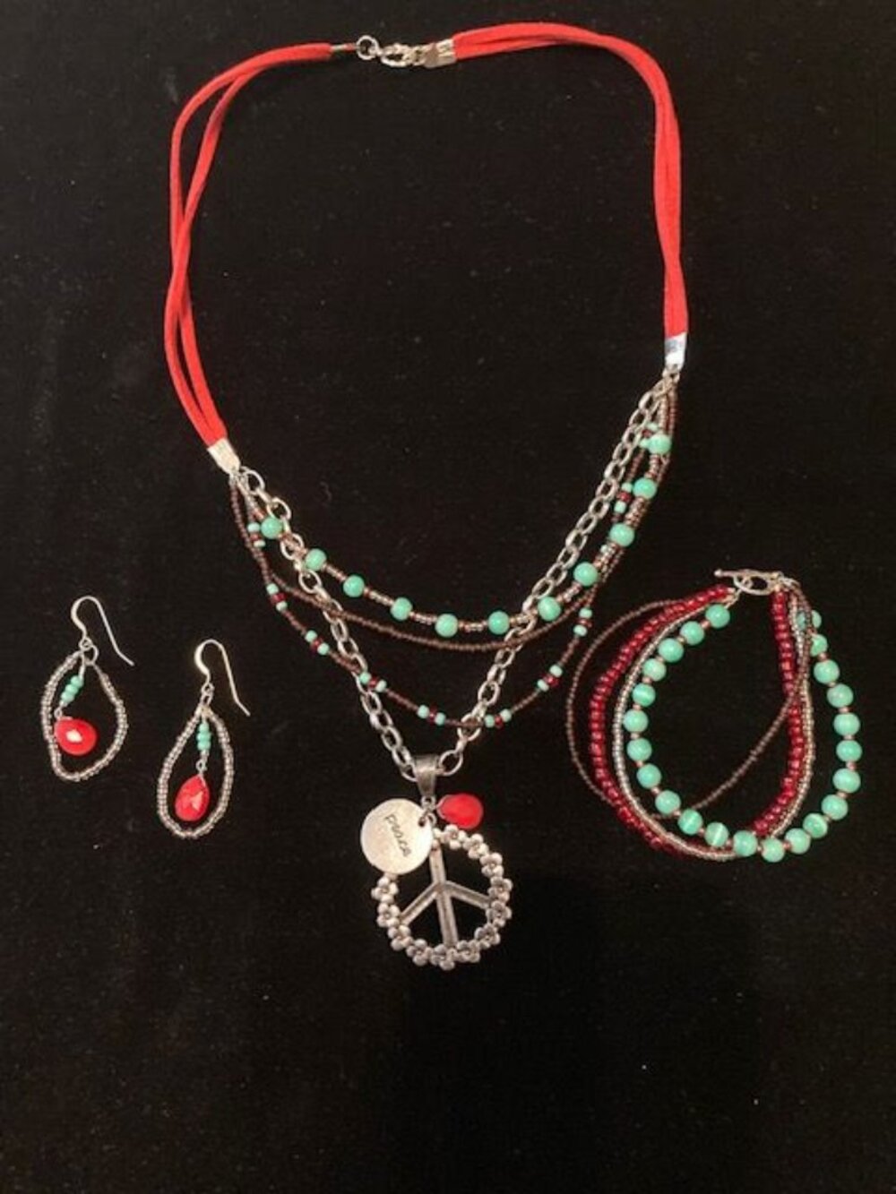 Red, Aqua and Brown Beaded Necklace, Bracelet and Earring Set